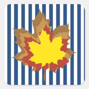 Blauwe Autumnal Stripes met Bladeren Vierkante Sticker