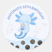 Blauwe Axolotl Bubble Milk Boba Thee Verjaardagsfe Ronde Sticker (Voorkant)