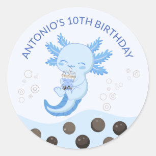 Blauwe Axolotl Bubble Milk Boba Thee Verjaardagsfe Ronde Sticker