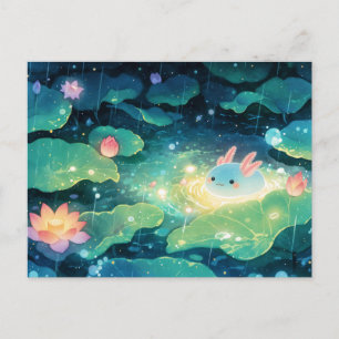 Blauwe Axolotl in Magische Regenachtige Nachtvijve Briefkaart