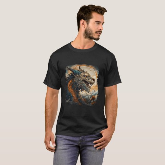 Blauwe Aziatische Draak Maan Berg Wolken Japans An T-shirt (Voorkant volledig)