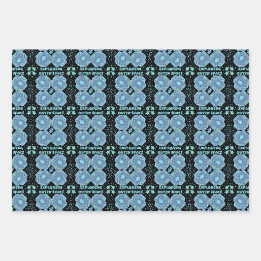 Blauwe Baby Alien Stars en Planets Patronen Inpakpapier Vel (Voorkant 3)