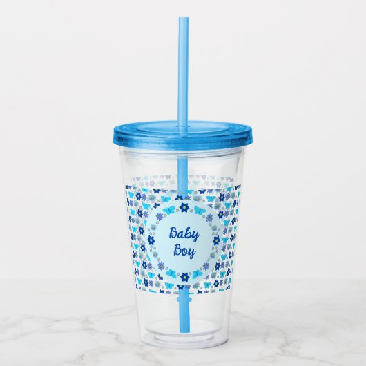 Blauwe Baby Boy Vlinders en Bloemen Custom Acryl Drinkbeker (Voorkant)