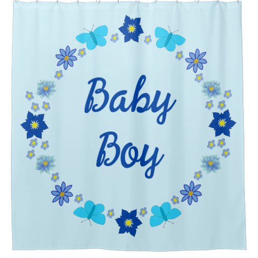 Blauwe Baby Boy Vlinders en Bloemen Custom Douchegordijn (Voorkant)