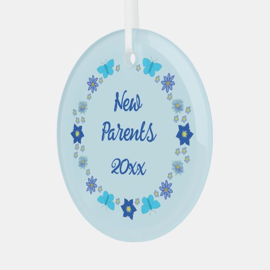 Blauwe Baby Boy Vlinders en Bloemen Custom Glas Ornament (Voorkant links)