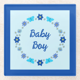 Blauwe Baby Boy Vlinders en Bloemen Custom Glazen Onderzetter