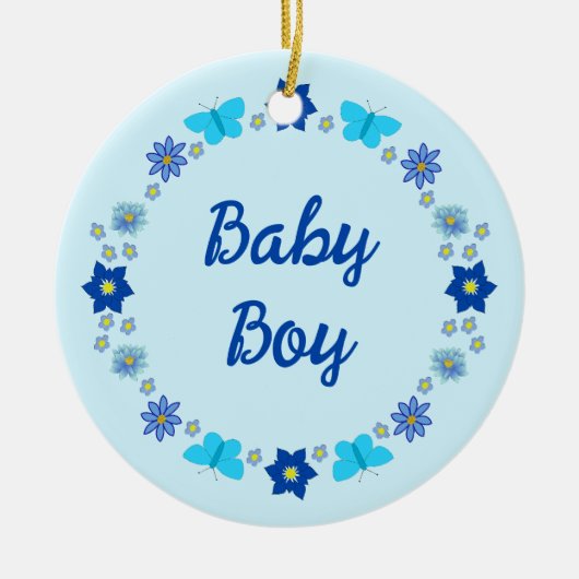 Blauwe Baby Boy Vlinders en Bloemen Custom Keramisch Ornament (Voorkant)