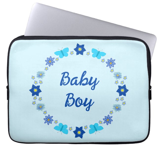 Blauwe Baby Boy Vlinders en Bloemen Custom Laptop Sleeve (Voorkant)