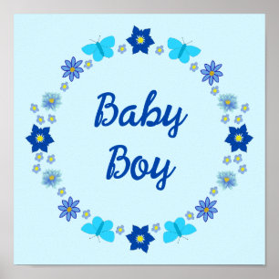 Blauwe Baby Boy Vlinders en Bloemen Custom Poster