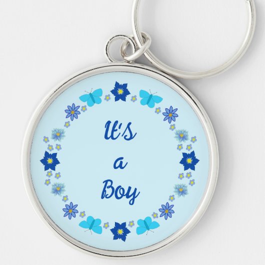 Blauwe Baby Boy Vlinders en Bloemen Custom Sleutelhanger (Voorkant)
