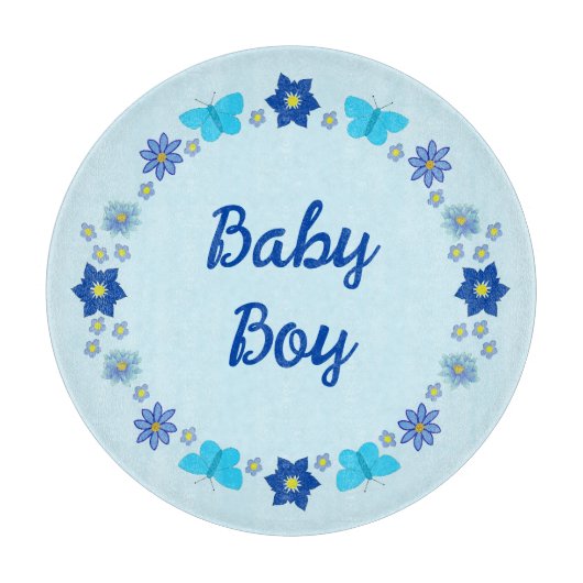 Blauwe Baby Boy Vlinders en Bloemen Custom Snijplank (Voorkant)