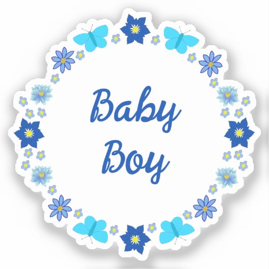 Blauwe Baby Boy Vlinders en Bloemen Custom Sticker (Voorkant)