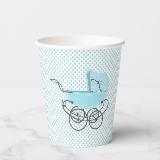  Blauwe Baby Buggy en Polka Dots Papieren Bekers (Achterkant)