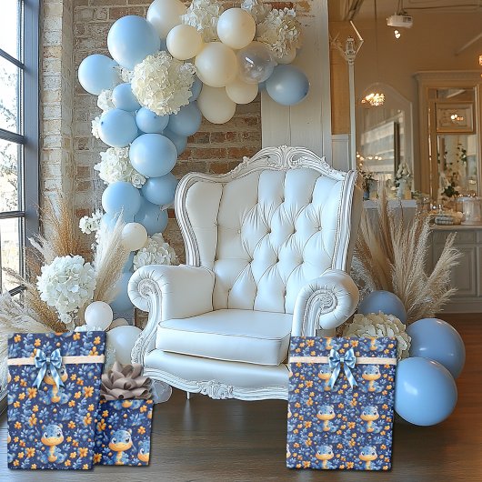 Blauwe Baby Dinosaurus Geel & Blauwe Bloemen Cadeaupapier