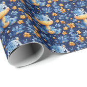 Blauwe Baby Dinosaurus Geel & Blauwe Bloemen Cadeaupapier (Rol Hoek)