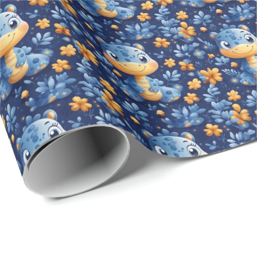 Blauwe Baby Dinosaurus Geel & Blauwe Bloemen Cadeaupapier (Rol Hoek)