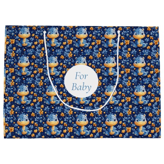 Blauwe Baby Dinosaurus Gele & Blauwe Bloemen Groot Cadeauzakje (Achterkant)