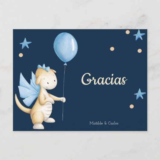 Blauwe Baby Draak Spaans Bedankt Baby Shower Briefkaart (Voorkant)