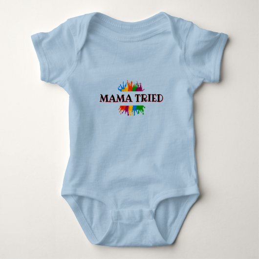 Blauwe Baby één stuk "mama geprobeerd" Romper (Voorkant)