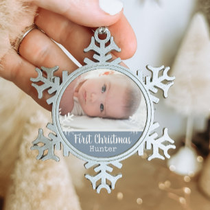 Blauwe Baby Eerste Kerst Sneeuwvlok Foto Tin Sneeuwvlok Ornament