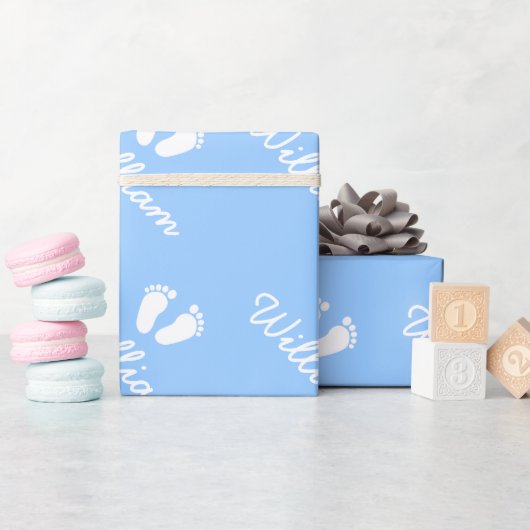 Blauwe baby feet inpakpapier met aangepaste jongen (Baby Shower)