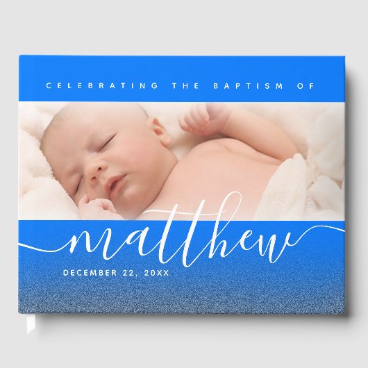 Blauwe Baby Foto Baptisme Christening Cross Glitte Gastenboek (Voorkant)