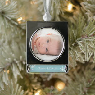 Blauwe Baby Foto Kerstmis Verzilverd Banner Ornament