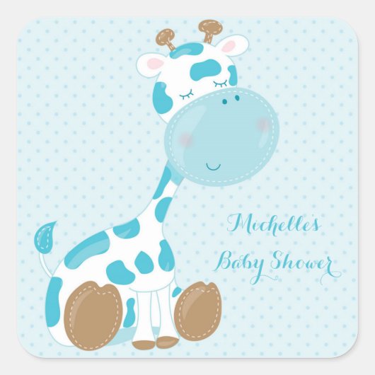 Blauwe Baby Giraffe en pooldots Vierkante Sticker (Voorkant)