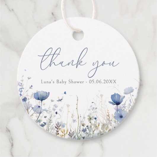 Blauwe Baby in bloesem bloemenwilde bloem Baby sho Bedankjes Labels (Voorkant)