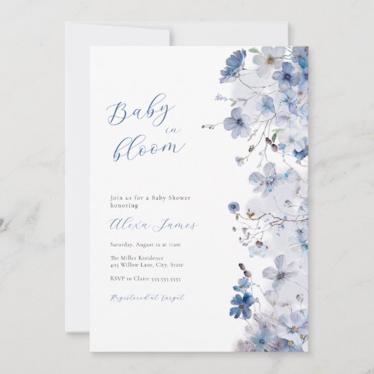 Blauwe Baby in Bloom Baby shower Kaart (Voorkant)
