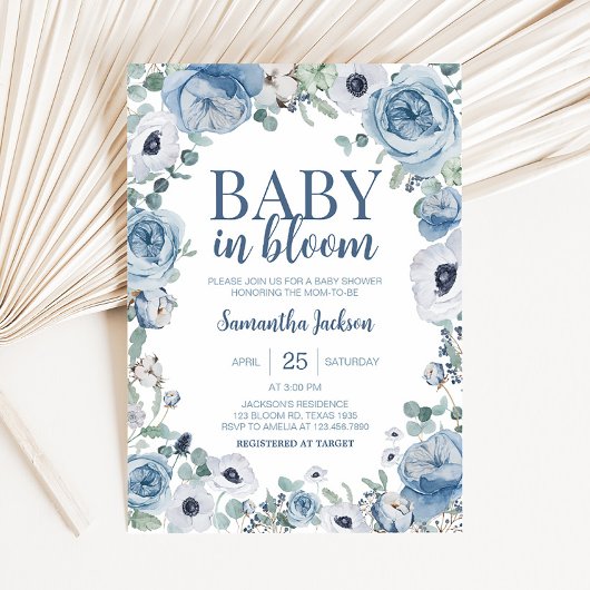 Blauwe Baby in Bloom Baby shower Kaart