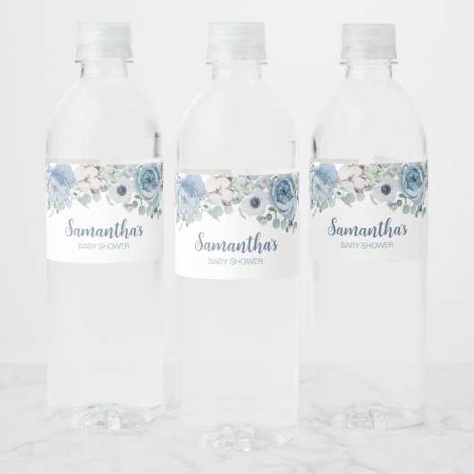 Blauwe Baby in Bloom Baby shower Waterfles Etiket (Flessen)