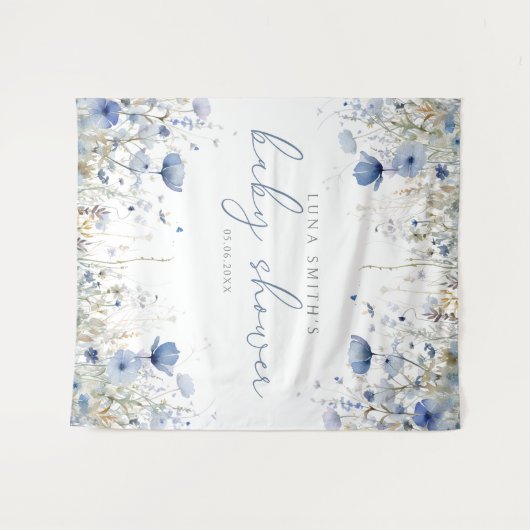 Blauwe Baby in Bloom Wildflower Baby shower Achter Wandkleed (Voorkant (horizontaal))
