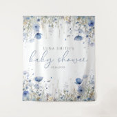 Blauwe Baby in Bloom Wildflower Baby shower Achter Wandkleed (Voorkant)