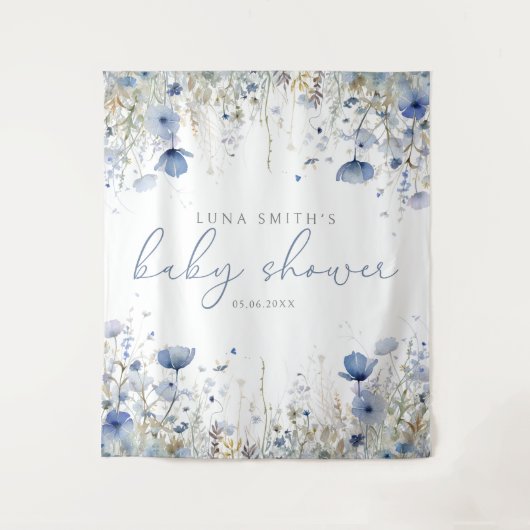 Blauwe Baby in Bloom Wildflower Baby shower Achter Wandkleed (Voorkant)