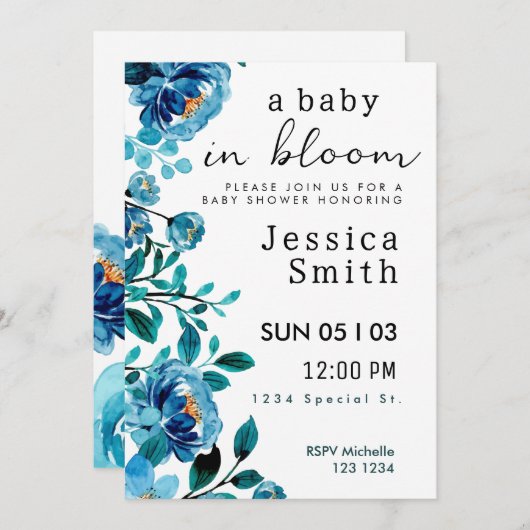 Blauwe Baby in het Baby shower Bloom nodigt uit Kaart (Voorkant / Achterkant)