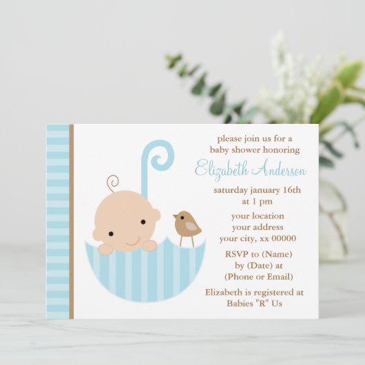 Blauwe Baby in het Baby shower van Umbrella Kaart (Staand voorkant)