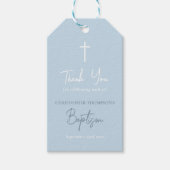 Blauwe Baby Jongen Calligrafie Doop Cadeaulabel (Voorkant)