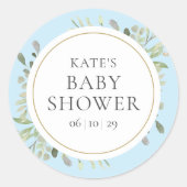 Blauwe Baby Jongen Douche Aquarel Groene bladeren Ronde Sticker (Voorkant)