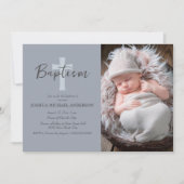 Blauwe Baby Jongen Foto Dop Kruis Uitnodiging (Voorkant)