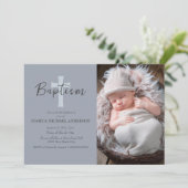 Blauwe Baby Jongen Foto Dop Kruis Uitnodiging (Staand voorkant)