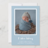 Blauwe Baby Jongen Foto Geboorte Aankondiging (Voorkant)