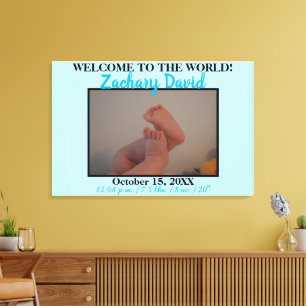 Blauwe Baby Jongen Foto Geboorte Statistieken Canvas Afdruk