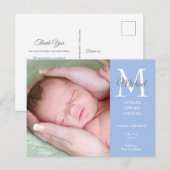 Blauwe baby jongen initiële monogram foto dank je briefkaart (Voorkant / Achterkant)