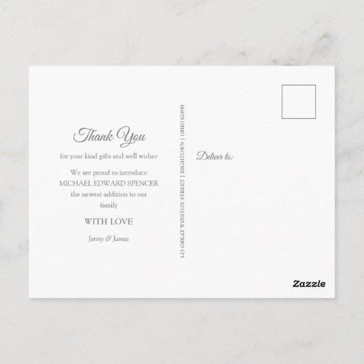 Blauwe baby jongen initiële monogram foto dank je briefkaart (Achterkant)