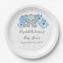 Blauwe Baby Jongen Olifant Baby Shower Bloemen Bal Papieren Bordje