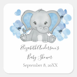 Blauwe Baby Jongen Olifant Baby Shower Bloemen Bal Vierkante Sticker
