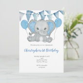 Blauwe Baby Jongen Olifant Ballon 1e Eerste Verjaa Kaart (Staand voorkant)