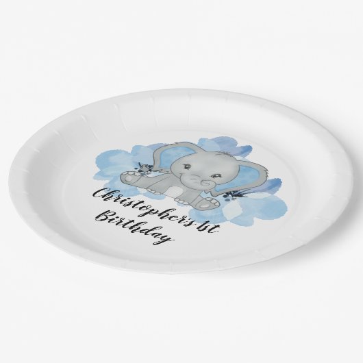 Blauwe Baby Jongen Olifant Bloemen Verjaardag Papieren Bordje (Gekanteld)