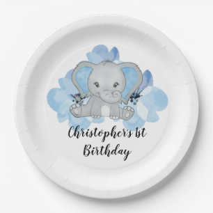 Blauwe Baby Jongen Olifant Bloemen Verjaardag Papieren Bordje